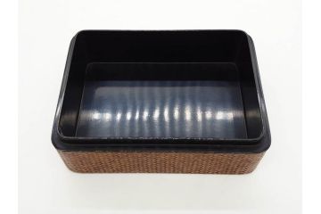 時代物　網代(あじろ)編み　彫金　和の風情を感じる煙草盆(松、舟、山水鳥図、タバコ盆、たばこ盆、小物入れ、小箱、箱付き)(R-078646)