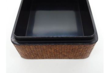 時代物　網代(あじろ)編み　彫金　和の風情を感じる煙草盆(松、舟、山水鳥図、タバコ盆、たばこ盆、小物入れ、小箱、箱付き)(R-078646)