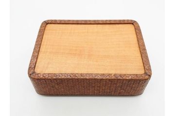 時代物　網代(あじろ)編み　彫金　和の風情を感じる煙草盆(松、舟、山水鳥図、タバコ盆、たばこ盆、小物入れ、小箱、箱付き)(R-078646)