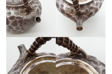 純銀　服部製　茶器揃　在銘作家物　合計972g　槌目模様が魅力的な重厚感のある茶器揃(銀瓶、湯瓶、煎茶道具、服部時計店、シルバー、茶道具、湯沸かし、急須、茶托、和食器、共箱付き、説明書付き)(R-078648)