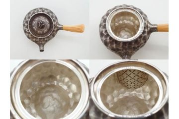 純銀　服部製　茶器揃　在銘作家物　合計972g　槌目模様が魅力的な重厚感のある茶器揃(銀瓶、湯瓶、煎茶道具、服部時計店、シルバー、茶道具、湯沸かし、急須、茶托、和食器、共箱付き、説明書付き)(R-078648)