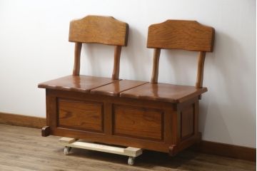 中古　美品　伝統木芸士　石橋武士作　欅(ケヤキ)材　上質な和の空間づくりに活躍する2人掛けベンチ(板座チェア、椅子、イス)(定価約16万5千円)(R-078665)