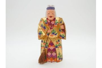 大正　春日有職　奈良人形師 染川宗進　一刀彫　尉(おじいさん)高さ約23cm/姥(おばあさん)高さ約21cm　繊細に絵付けされた高砂人形2体セット(縁起物、夫婦円満、長寿、共箱付き)(R-078686)　
