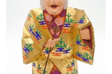 大正　春日有職　奈良人形師 染川宗進　一刀彫　尉(おじいさん)高さ約23cm/姥(おばあさん)高さ約21cm　繊細に絵付けされた高砂人形2体セット(縁起物、夫婦円満、長寿、共箱付き)(R-078686)　