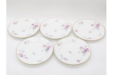 ビンテージ　フランス　PILLIVUYT(ピリヴィッツ)　MEHUN(メアン)　淡い色調で描かれた花のデザインが上品なプレート5枚セット(ピリヴュイ、花柄、フラワー、金彩、磁器、食器、皿、中皿、洋食器、ヴィンテージ)(R-078687)