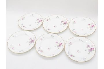 ビンテージ　フランス　PILLIVUYT(ピリヴィッツ)　MEHUN(メアン)　淡い色調で描かれた花のデザインが上品なプレート6枚セット(ピリヴュイ、花柄、フラワー、金彩、磁器、食器、皿、中皿、洋食器、ヴィンテージ)(R-078688)