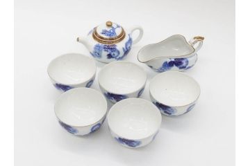 戦前　当時物　有田焼　オールド香蘭社　染付　上品な花柄が美しい茶器セット(急須、湯冷まし、湯飲み5客、朝顔、磁器、茶道具)(R-078689)
