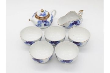 戦前　当時物　有田焼　オールド香蘭社　染付　上品な花柄が美しい茶器セット(急須、湯冷まし、湯飲み5客、朝顔、磁器、茶道具)(R-078689)