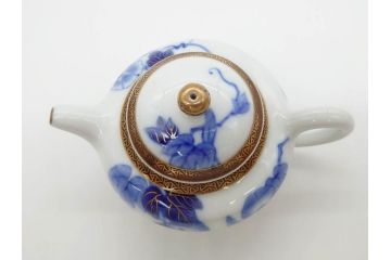 戦前　当時物　有田焼　オールド香蘭社　染付　上品な花柄が美しい茶器セット(急須、湯冷まし、湯飲み5客、朝顔、磁器、茶道具)(R-078689)