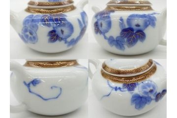 戦前　当時物　有田焼　オールド香蘭社　染付　上品な花柄が美しい茶器セット(急須、湯冷まし、湯飲み5客、朝顔、磁器、茶道具)(R-078689)