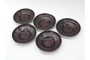 本間琢斎　斑紫銅　山水図　総重量約676g　和の味わいを感じる茶托5枚セット(五客揃、銅器、茶道具、煎茶道具、在銘有)(R-078690)
