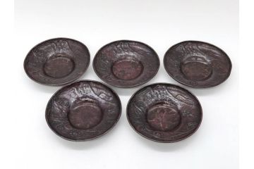 本間琢斎　斑紫銅　山水図　総重量約676g　和の味わいを感じる茶托5枚セット(五客揃、銅器、茶道具、煎茶道具、在銘有)(R-078690)
