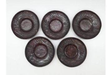 本間琢斎　斑紫銅　山水図　総重量約676g　和の味わいを感じる茶托5枚セット(五客揃、銅器、茶道具、煎茶道具、在銘有)(R-078690)