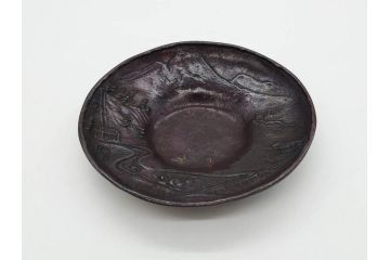 本間琢斎　斑紫銅　山水図　総重量約676g　和の味わいを感じる茶托5枚セット(五客揃、銅器、茶道具、煎茶道具、在銘有)(R-078690)