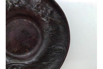 本間琢斎　斑紫銅　山水図　総重量約676g　和の味わいを感じる茶托5枚セット(五客揃、銅器、茶道具、煎茶道具、在銘有)(R-078690)