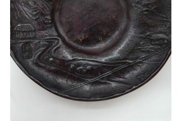本間琢斎　斑紫銅　山水図　総重量約676g　和の味わいを感じる茶托5枚セット(五客揃、銅器、茶道具、煎茶道具、在銘有)(R-078690)