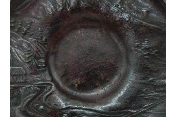 本間琢斎　斑紫銅　山水図　総重量約676g　和の味わいを感じる茶托5枚セット(五客揃、銅器、茶道具、煎茶道具、在銘有)(R-078690)