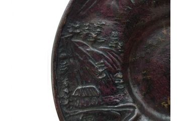 本間琢斎　斑紫銅　山水図　総重量約676g　和の味わいを感じる茶托5枚セット(五客揃、銅器、茶道具、煎茶道具、在銘有)(R-078690)
