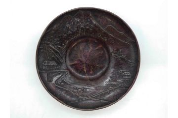 本間琢斎　斑紫銅　山水図　総重量約676g　和の味わいを感じる茶托5枚セット(五客揃、銅器、茶道具、煎茶道具、在銘有)(R-078690)