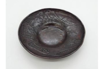 本間琢斎　斑紫銅　山水図　総重量約676g　和の味わいを感じる茶托5枚セット(五客揃、銅器、茶道具、煎茶道具、在銘有)(R-078690)