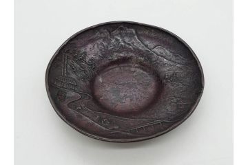 本間琢斎　斑紫銅　山水図　総重量約676g　和の味わいを感じる茶托5枚セット(五客揃、銅器、茶道具、煎茶道具、在銘有)(R-078690)