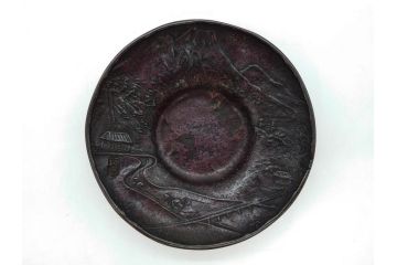 本間琢斎　斑紫銅　山水図　総重量約676g　和の味わいを感じる茶托5枚セット(五客揃、銅器、茶道具、煎茶道具、在銘有)(R-078690)