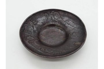 本間琢斎　斑紫銅　山水図　総重量約676g　和の味わいを感じる茶托5枚セット(五客揃、銅器、茶道具、煎茶道具、在銘有)(R-078690)