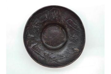 本間琢斎　斑紫銅　山水図　総重量約676g　和の味わいを感じる茶托5枚セット(五客揃、銅器、茶道具、煎茶道具、在銘有)(R-078690)