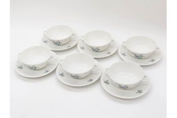 ドイツ　HUTSCHENREUTHER(フッチェンロイター)　ローズ　柔らかな色彩で描かれたバラのデザインが可愛らしいスープカップ&ソーサー6客セット(バラ、薔薇、ブルーローズ、ダブルハンドル、皿、プレート、洋食器)(R-078693)