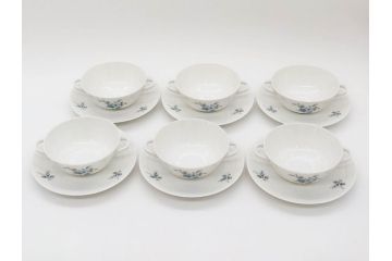 ドイツ　HUTSCHENREUTHER(フッチェンロイター)　ローズ　柔らかな色彩で描かれたバラのデザインが可愛らしいスープカップ&ソーサー6客セット(バラ、薔薇、ブルーローズ、ダブルハンドル、皿、プレート、洋食器)(R-078693)