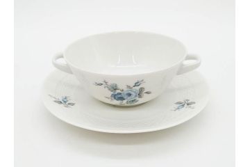 ドイツ　HUTSCHENREUTHER(フッチェンロイター)　ローズ　柔らかな色彩で描かれたバラのデザインが可愛らしいスープカップ&ソーサー6客セット(バラ、薔薇、ブルーローズ、ダブルハンドル、皿、プレート、洋食器)(R-078693)