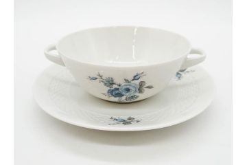 ドイツ　HUTSCHENREUTHER(フッチェンロイター)　ローズ　柔らかな色彩で描かれたバラのデザインが可愛らしいスープカップ&ソーサー6客セット(バラ、薔薇、ブルーローズ、ダブルハンドル、皿、プレート、洋食器)(R-078693)
