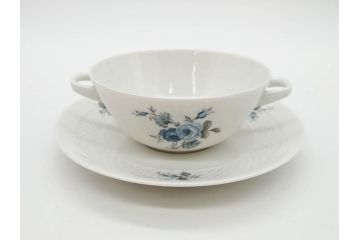ドイツ　HUTSCHENREUTHER(フッチェンロイター)　ローズ　柔らかな色彩で描かれたバラのデザインが可愛らしいスープカップ&ソーサー6客セット(バラ、薔薇、ブルーローズ、ダブルハンドル、皿、プレート、洋食器)(R-078693)