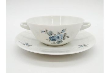 ドイツ　HUTSCHENREUTHER(フッチェンロイター)　ローズ　柔らかな色彩で描かれたバラのデザインが可愛らしいスープカップ&ソーサー6客セット(バラ、薔薇、ブルーローズ、ダブルハンドル、皿、プレート、洋食器)(R-078693)