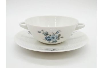 ドイツ　HUTSCHENREUTHER(フッチェンロイター)　ローズ　柔らかな色彩で描かれたバラのデザインが可愛らしいスープカップ&ソーサー6客セット(バラ、薔薇、ブルーローズ、ダブルハンドル、皿、プレート、洋食器)(R-078693)