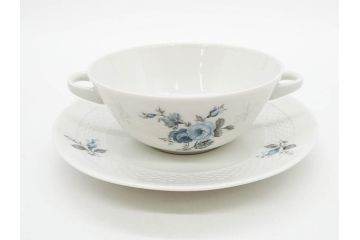 ドイツ　HUTSCHENREUTHER(フッチェンロイター)　ローズ　柔らかな色彩で描かれたバラのデザインが可愛らしいスープカップ&ソーサー6客セット(バラ、薔薇、ブルーローズ、ダブルハンドル、皿、プレート、洋食器)(R-078693)