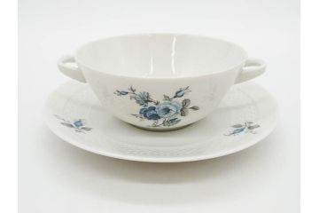 ドイツ　HUTSCHENREUTHER(フッチェンロイター)　ローズ　柔らかな色彩で描かれたバラのデザインが可愛らしいスープカップ&ソーサー6客セット(バラ、薔薇、ブルーローズ、ダブルハンドル、皿、プレート、洋食器)(R-078693)