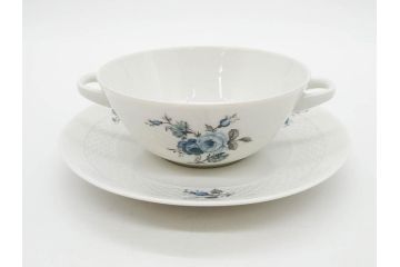 ドイツ　HUTSCHENREUTHER(フッチェンロイター)　ローズ　柔らかな色彩で描かれたバラのデザインが可愛らしいスープカップ&ソーサー6客セット(バラ、薔薇、ブルーローズ、ダブルハンドル、皿、プレート、洋食器)(R-078693)