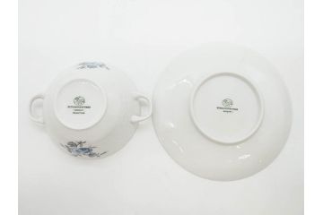 ドイツ　HUTSCHENREUTHER(フッチェンロイター)　ローズ　柔らかな色彩で描かれたバラのデザインが可愛らしいスープカップ&ソーサー6客セット(バラ、薔薇、ブルーローズ、ダブルハンドル、皿、プレート、洋食器)(R-078693)