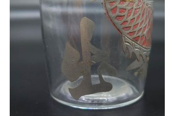 大正〜昭和初期　ひな道具　目出鯛　雛徳利　レトロな雰囲気が魅力的な蓋付きガラス徳利2点セット(金彩、ビン、箱付き、硝子、笹、瓶、ひな祭り)(R-078699)