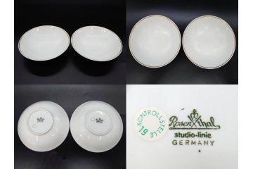 ドイツ　Rosenthal(ローゼンタール)　Studio-linie(スタジオライン)　シンプルながら飾り模様のデザイン性が光るベース2点&プレート7客セット(CLASSIC ROSE、クラシック・ローズ、ゴールドライン、花瓶、花器、花入、花生、磁器、中皿、大皿、洋食器、金彩)(R-078703)
