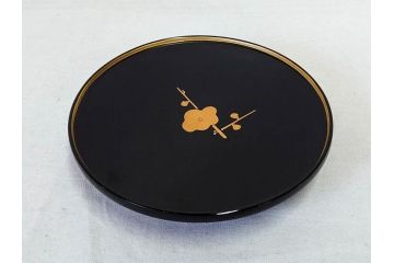 輪島塗　大向高洲堂　木製　絵変り金蒔絵　艶やかな漆に金蒔絵が映える銘々皿5客&茶托5客セット(茶道具、黒漆、漆器、菓子器、小皿、和食器、和皿、草花、共箱付き、栞付き)(R-078704)