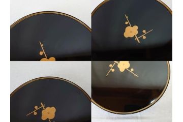 輪島塗　大向高洲堂　木製　絵変り金蒔絵　艶やかな漆に金蒔絵が映える銘々皿5客&茶托5客セット(茶道具、黒漆、漆器、菓子器、小皿、和食器、和皿、草花、共箱付き、栞付き)(R-078704)