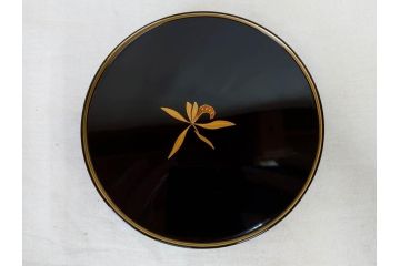 輪島塗　大向高洲堂　木製　絵変り金蒔絵　艶やかな漆に金蒔絵が映える銘々皿5客&茶托5客セット(茶道具、黒漆、漆器、菓子器、小皿、和食器、和皿、草花、共箱付き、栞付き)(R-078704)