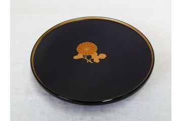 輪島塗　大向高洲堂　木製　絵変り金蒔絵　艶やかな漆に金蒔絵が映える銘々皿5客&茶托5客セット(茶道具、黒漆、漆器、菓子器、小皿、和食器、和皿、草花、共箱付き、栞付き)(R-078704)