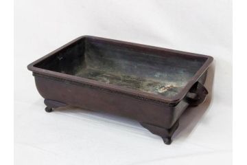 時代物　廣忠斎鋳　古銅　細かい装飾が魅力的な水盤(獣耳、双耳、ダブルハンド、花器、花入、花生、盆栽鉢、雷文、水鉢、水盆)(R-078705)