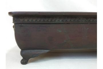 時代物　廣忠斎鋳　古銅　細かい装飾が魅力的な水盤(獣耳、双耳、ダブルハンド、花器、花入、花生、盆栽鉢、雷文、水鉢、水盆)(R-078705)