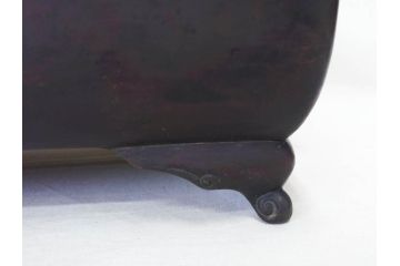 時代物　廣忠斎鋳　古銅　細かい装飾が魅力的な水盤(獣耳、双耳、ダブルハンド、花器、花入、花生、盆栽鉢、雷文、水鉢、水盆)(R-078705)