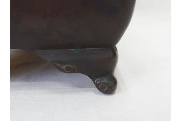 時代物　廣忠斎鋳　古銅　細かい装飾が魅力的な水盤(獣耳、双耳、ダブルハンド、花器、花入、花生、盆栽鉢、雷文、水鉢、水盆)(R-078705)