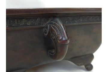 時代物　廣忠斎鋳　古銅　細かい装飾が魅力的な水盤(獣耳、双耳、ダブルハンド、花器、花入、花生、盆栽鉢、雷文、水鉢、水盆)(R-078705)